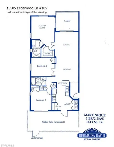 Floor plan (unit 105 is a mirror image of this drawing)