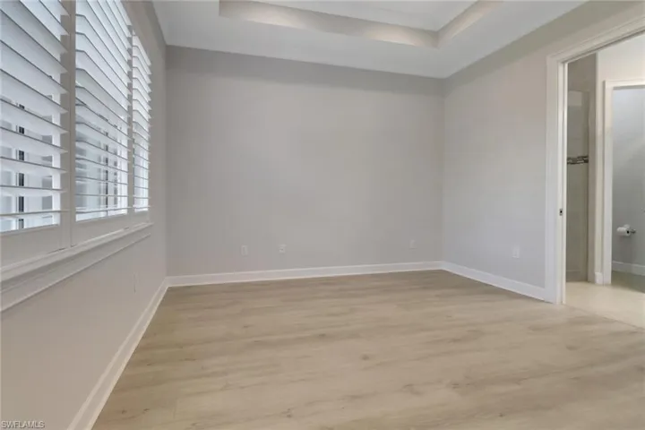 Spare room with light wood finished floors, a raised ceiling, and baseboards