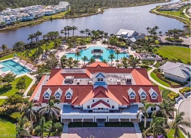 Bird's eye view of a pool and a nearby body of water