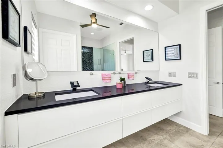 Full bathroom featuring double vanity, a stall shower, ceiling fan, and a sink