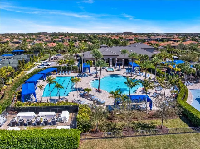 Aerial view of residential area with a pool