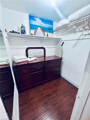 Walk in closet featuring dark wood-style flooring