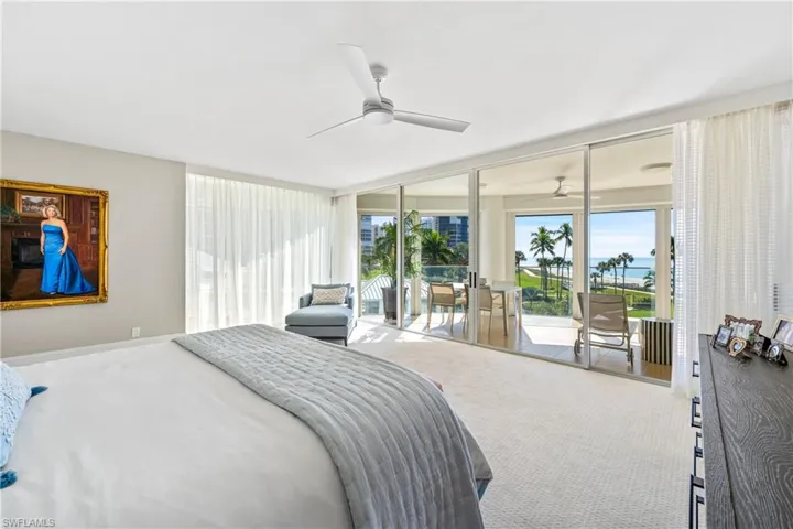 Bedroom featuring carpet, access to outside, a ceiling fan, and floor to ceiling windows