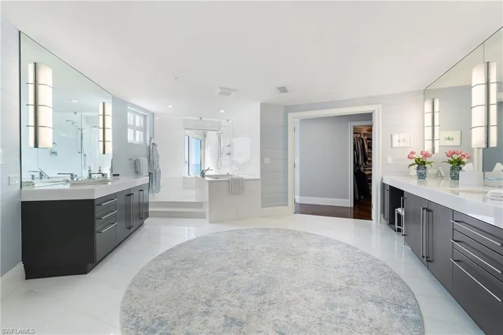 Full bathroom featuring vanity, a walk in closet, and a stall shower