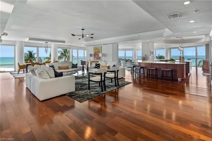 Living room featuring a healthy amount of sunlight, a water view, a raised ceiling, and dark hardwood / wood-style floors