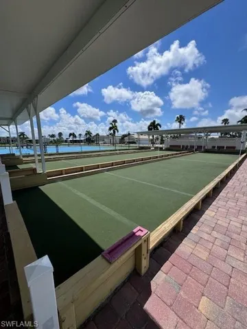 Covered bocce ball courts featuring artificial turf playing surfaces