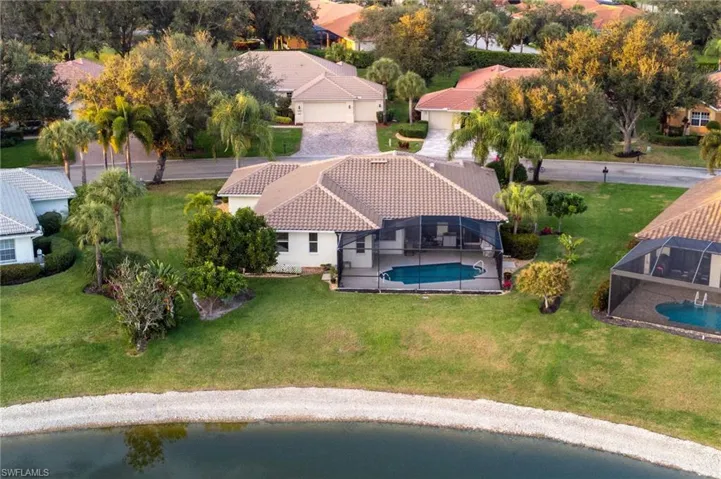 Aerial view of residential area with a pool area