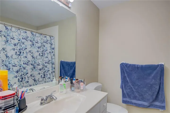 Bathroom with vanity and a shower with curtain