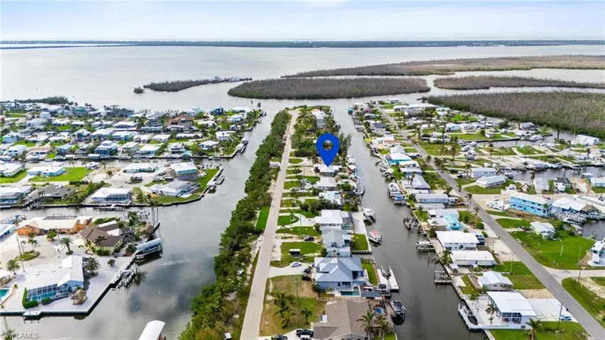 Birds eye view of property with a water view