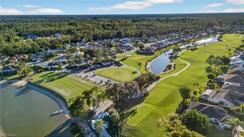 Aerial view driving range and golf course.