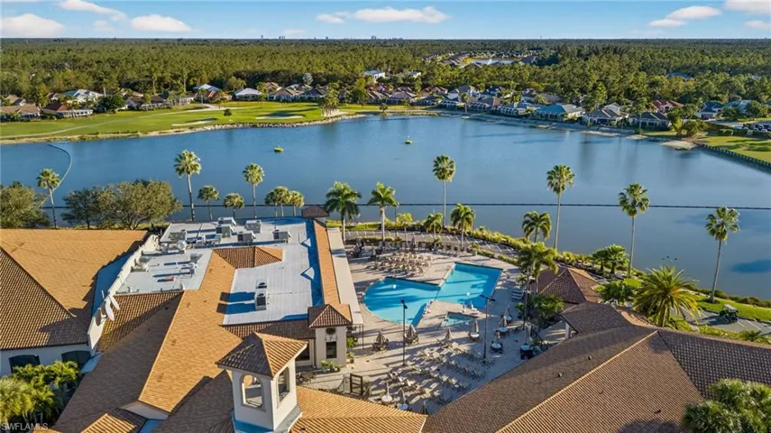 Community center with pool and driving range with floating greens.