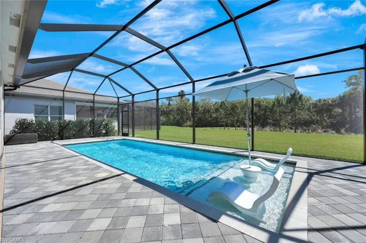 Pool with a patio area, a lawn, and glass enclosure