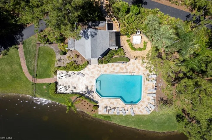 Aerial view of Sandy Pines' pool area and cabana