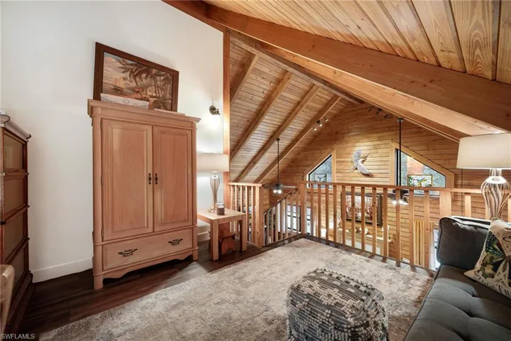 Loft featuring lofted ceiling with beams, hardwood / wood-style flooring, wooden ceiling, and wood walls