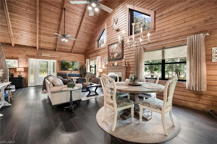 Dining area featuring wood ceiling, ceiling fan, high vaulted ceiling, and dark hardwood / wood-style floors