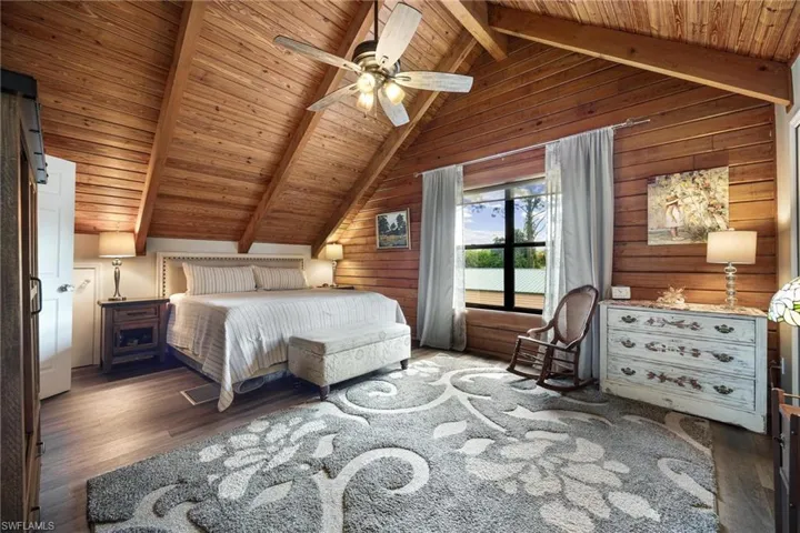 Upstairs Master Bedroom featuring dark hardwood / wood-style floors, lofted ceiling with beams, and wood ceiling