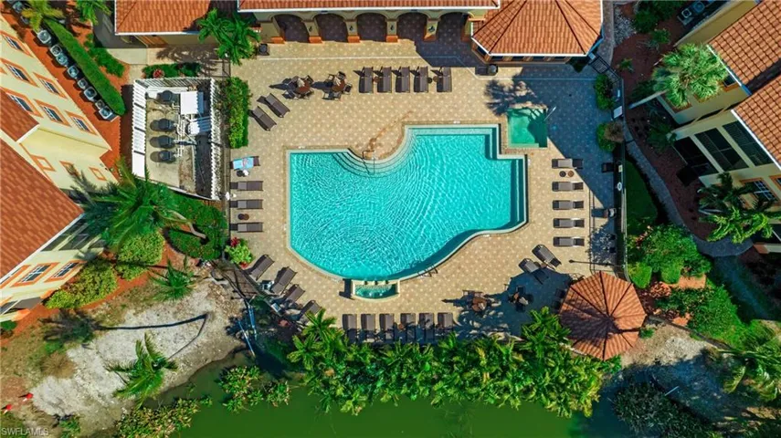 View from above of property with a pool