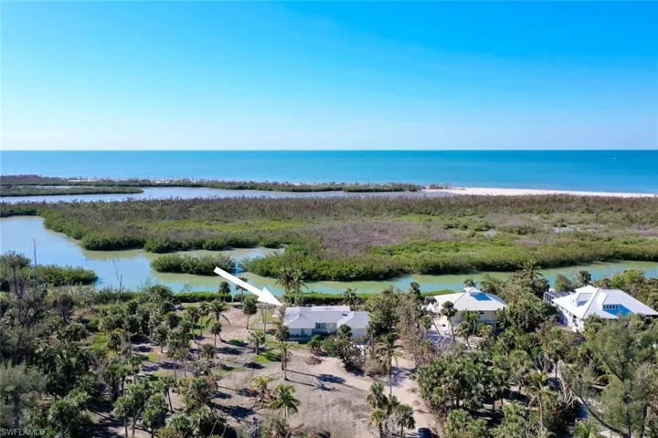 Birds eye view of property with a water view