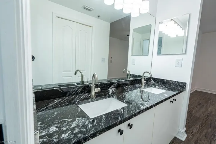 Bathroom featuring double vanity and dark wood-type flooring