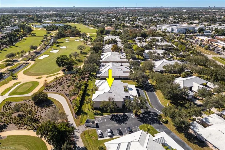 Aerial overview of property's location with a golf course, looking south.