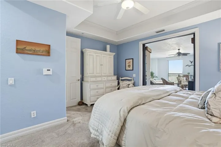 Bedroom featuring ornamental molding, access to exterior, light carpet, ceiling fan, and a raised ceiling