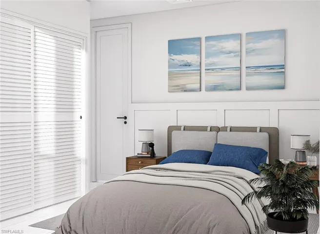 Bedroom with a decorative wall