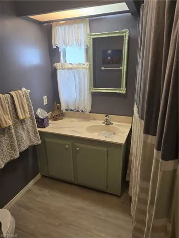 Bathroom featuring wood finished floors, vanity, and toilet