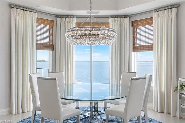 Dining room featuring a chandelier and a water view