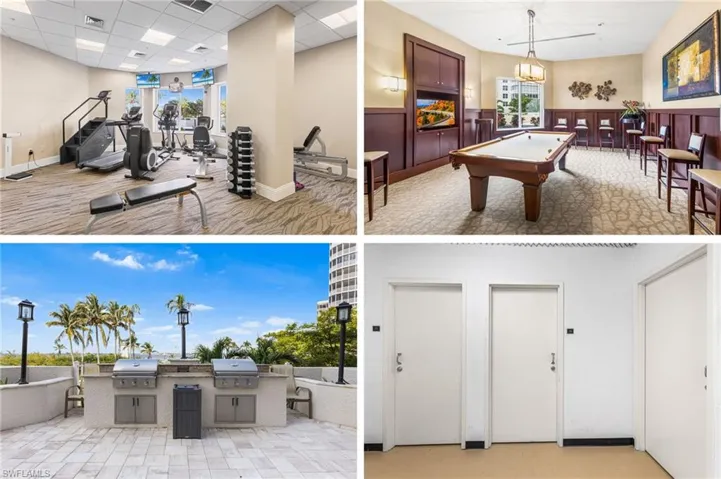 Exercise room, billiards room, BBQ area, and a private A/C storage unit.