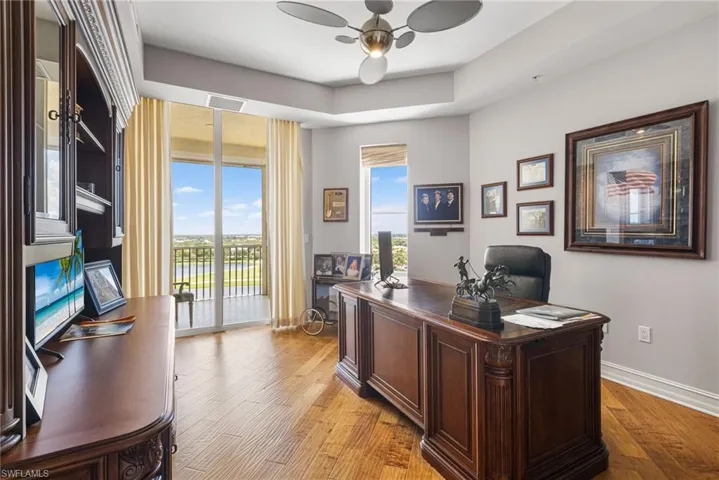 3rd ensuite bedroom has hand carved wood floors, tray ceiling.  It is being used as an office at this time.