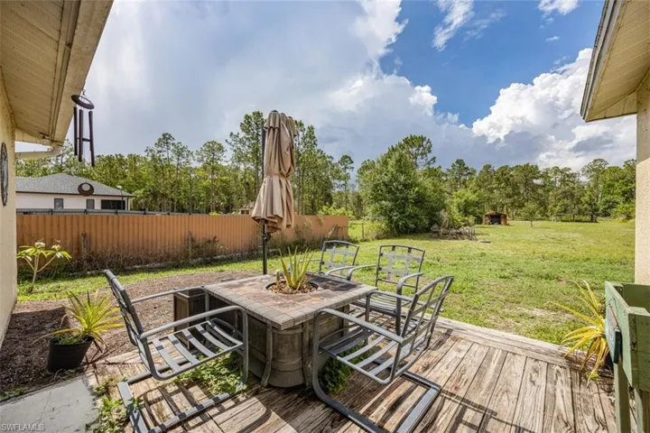 Deck with outdoor dining space, a fenced backyard, and view of wooded area