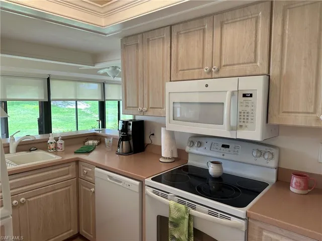 Kitchen with sink, crown molding, plenty of natural light, and white appliances