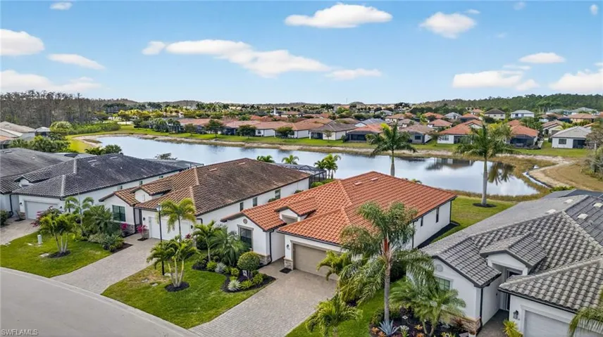 Aerial perspective of suburban area with a large body of water