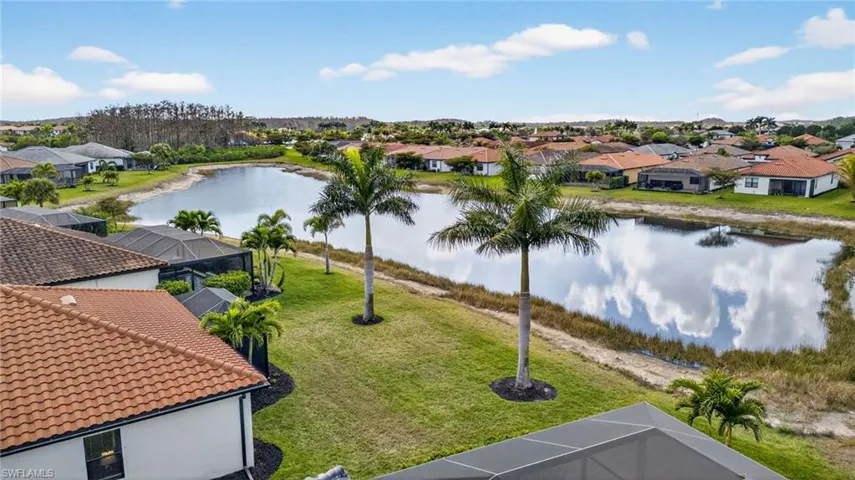 Aerial perspective of suburban area featuring a nearby body of water