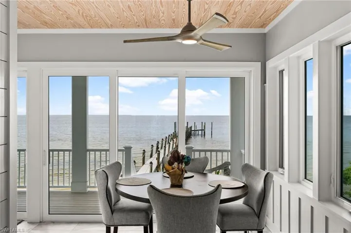 Sunroom/ breakfast nook featuring plenty of natural light, a view of the dock and water.