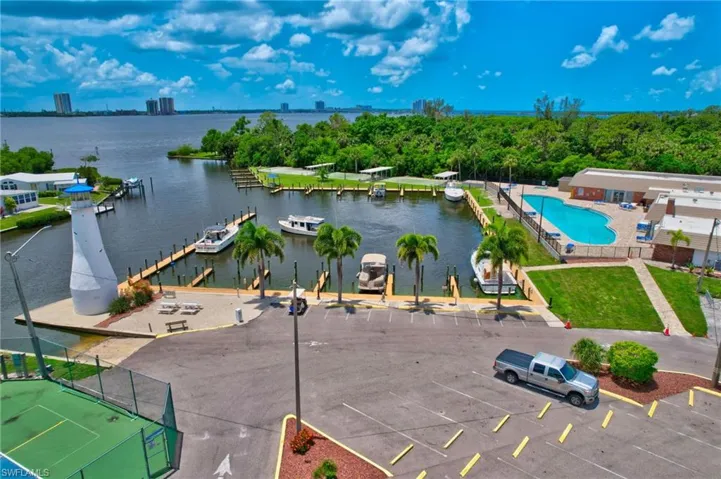 Aerial view of a nearby body of water