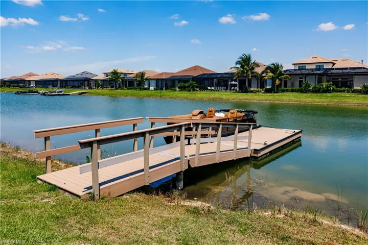 Dock area featuring a water view and a lawn