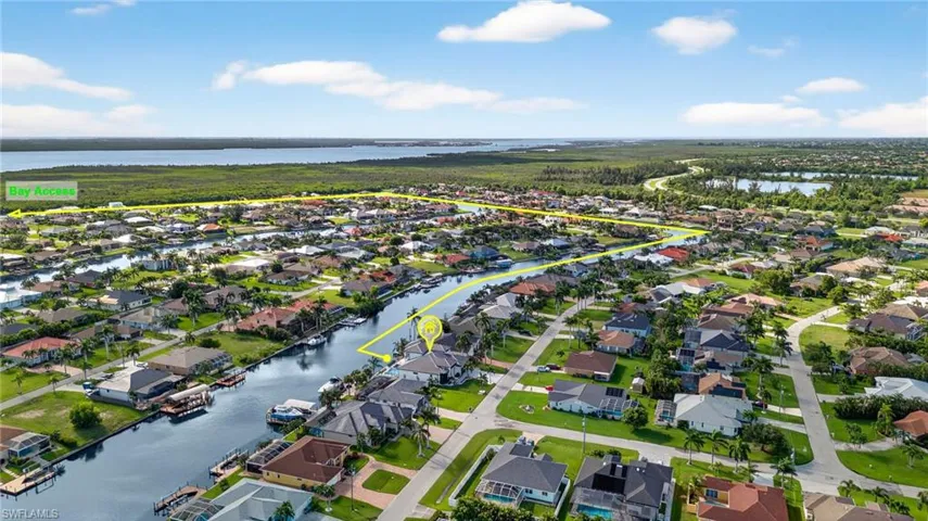 Aerial view of residential area with a nearby body of water