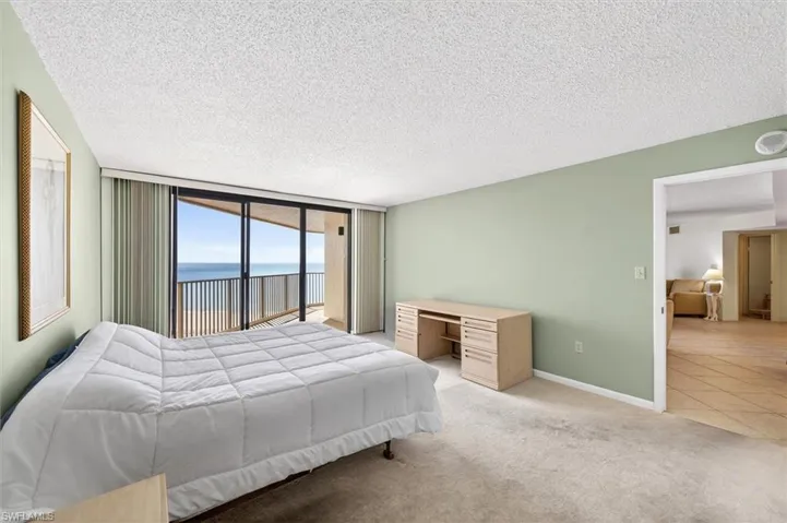 Expansive room featuring a large sliding glass door with balcony, ocean scenery, light green walls, and carpet flooring