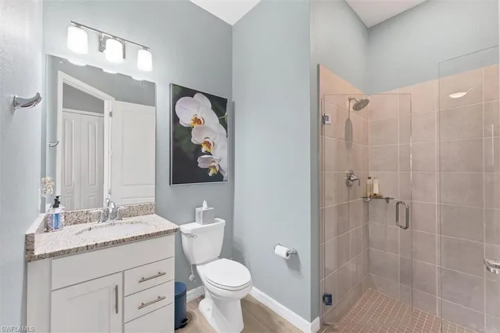 Bathroom with vanity, wood-type flooring, a shower with shower door, and toilet