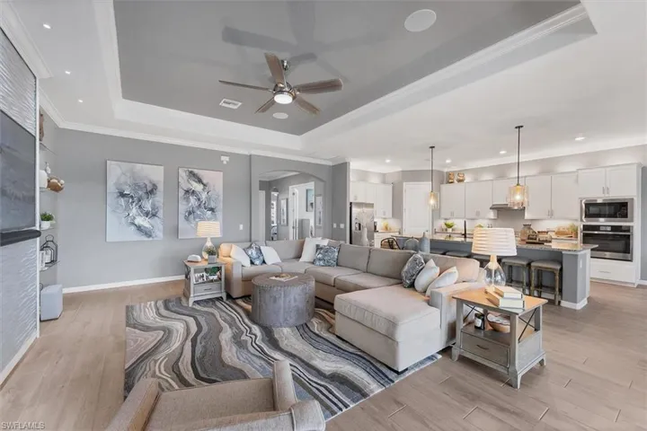Living room featuring a tray ceiling, ornamental molding, and light hardwood / wood-style floors