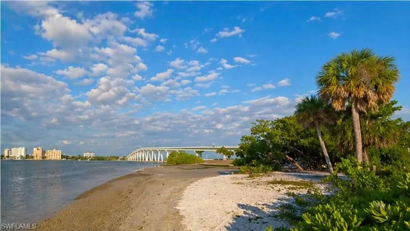 Waterfront property featuring a sandy shoreline with lush coastal vegetation, mature palm trees, and distant city buildings, all under a clear blue sky