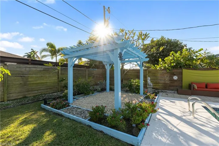 Fenced backyard with a patio and a pergola