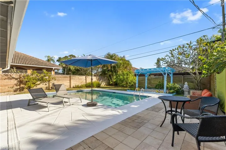 View of swimming pool featuring a patio area, a fenced backyard, and a pergola