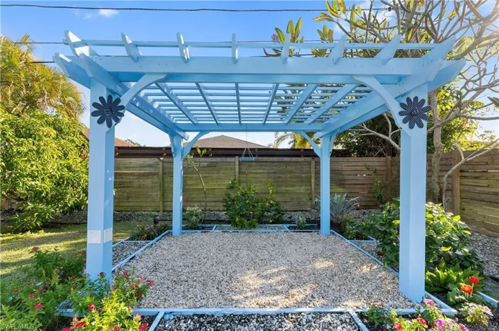 Fenced backyard with a pergola and a patio area