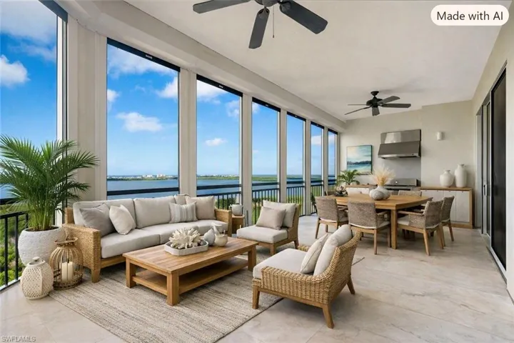 AI -Expansive enclosed patio with floor-to-ceiling windows, two ceiling fans, a built-in outdoor kitchen with a stainless steel range hood, and light-toned tile flooring