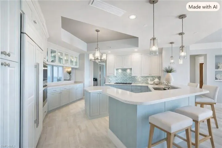 Integrated refrigerator, built-in double oven, U-shaped kitchen island with seating, pendant lighting, and light-toned tile flooring