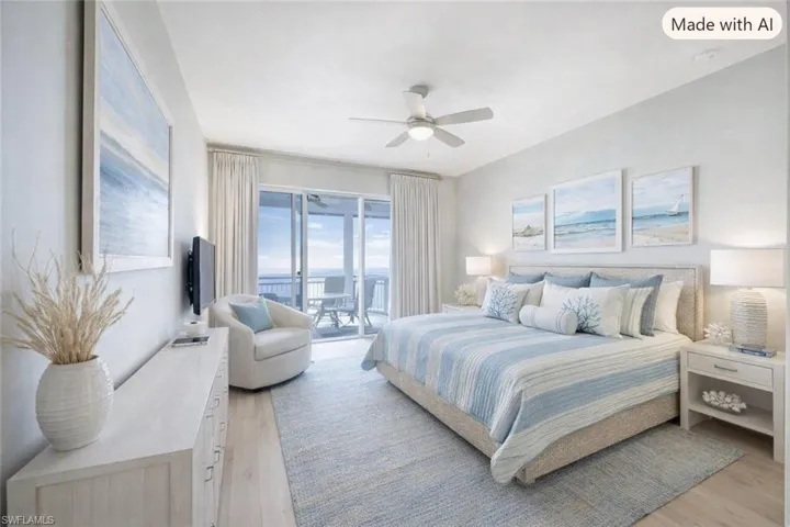 Light wood-finish flooring, ceiling fan, sliding glass doors, white built-in dresser, and balcony access