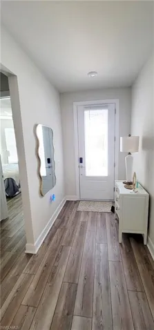 Doorway to outside with light wood-type flooring