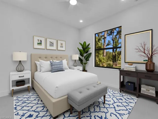 Bedroom with recessed lighting and ceiling fan